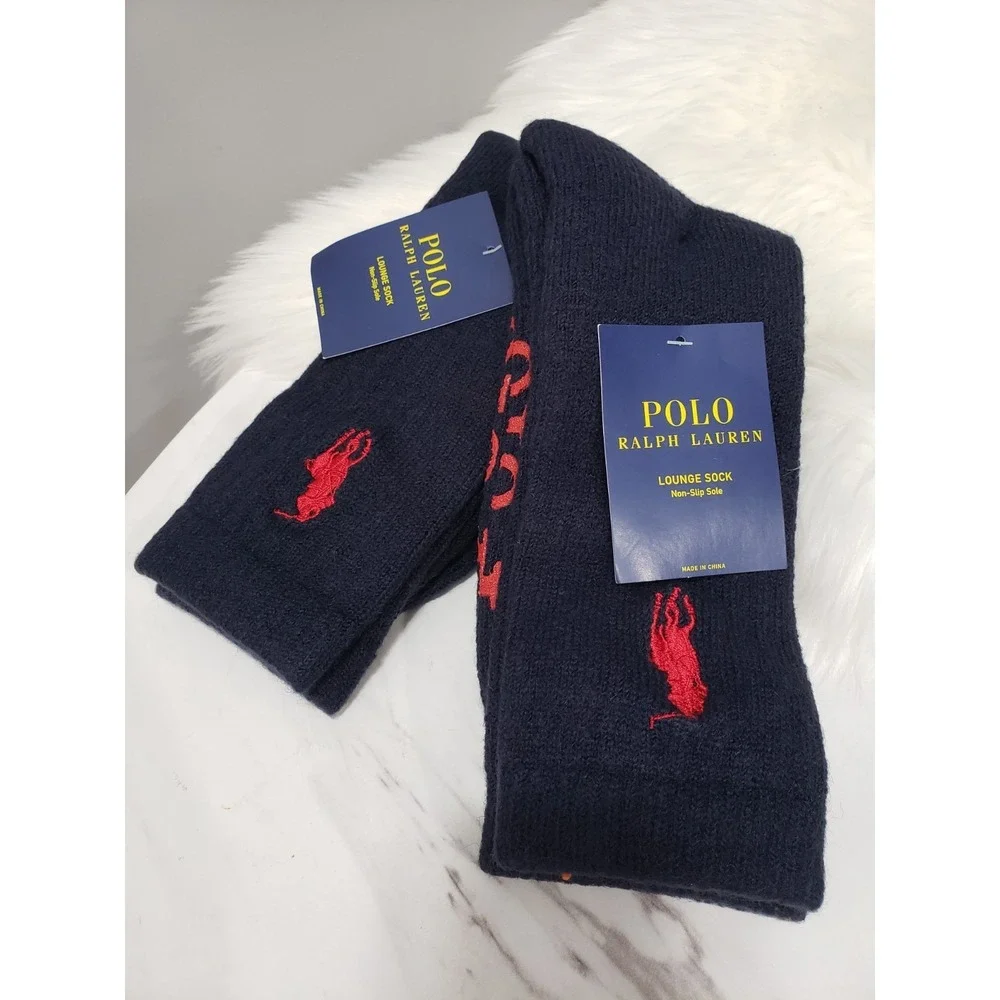 LOT 2 Polo‎ Ralph Lauren Mens 1 Pair Logo Gripper Lounge Socks Pony WOOL BLEND